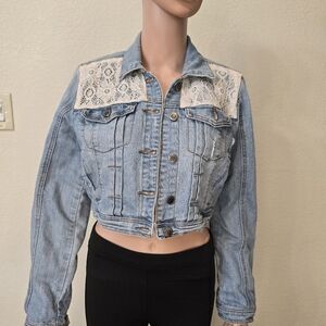Hot Kiss Jacket Womens Size L Cropped Junior Distressed Denim Lace Stret…